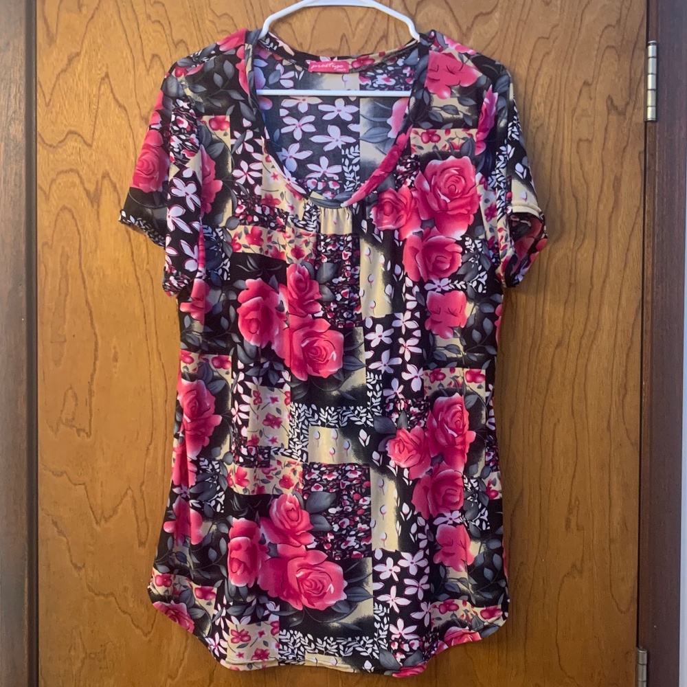 Floral Print Short Sleeve T-shirt Blouse 3X Pink Roses